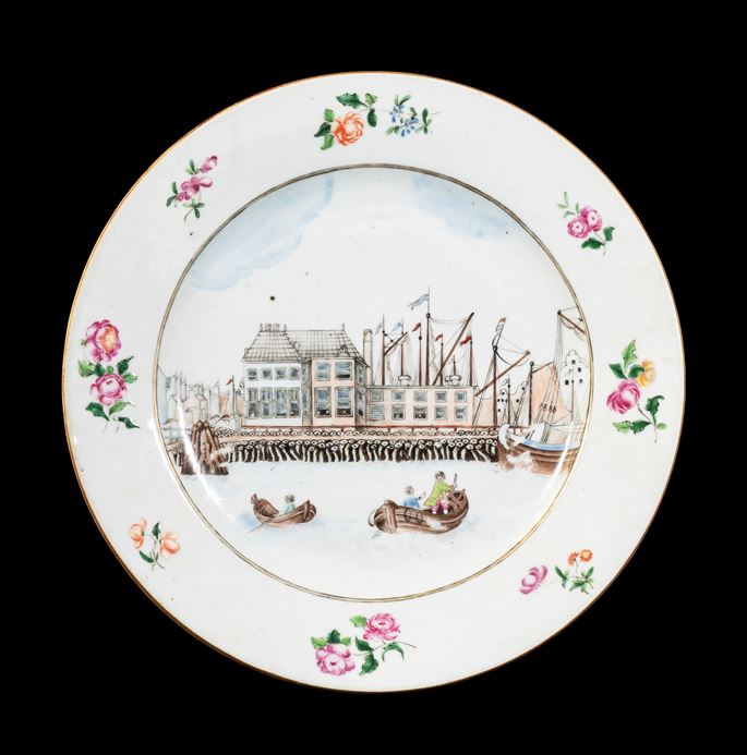 GG: Chinese export porcelain famille rose dinner plate with a view of Amsterdam | MasterArt